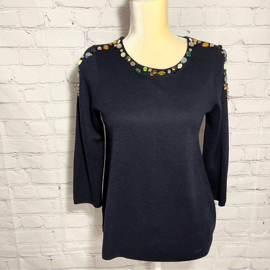 J. Crew Collection Navy Bejeweled Merino Wool Crew Neck Sweater